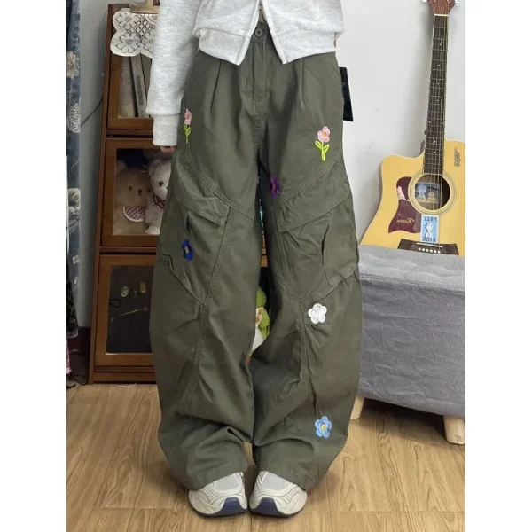 Y2K Flower Embroidered Women Cargo Pants Summer Oversized Loose Pocket Wide-Leg Pants High Waist Streetwear Hip Hop Trousers New - Image 2