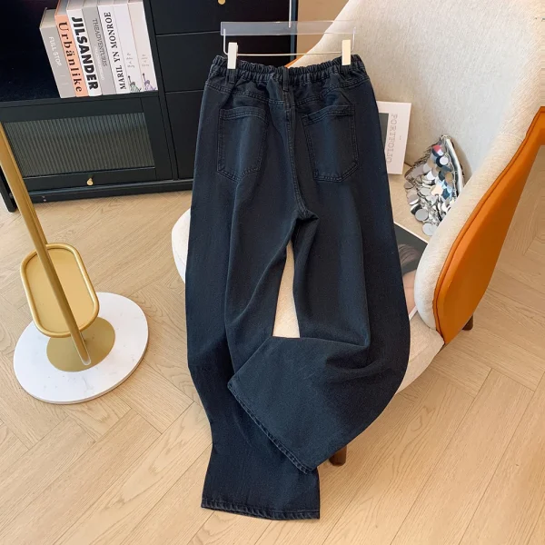 Plus-size women's fall casual commute baggy comfort jeans with button pockets straight-leg black elasticated waist pants large - Image 2