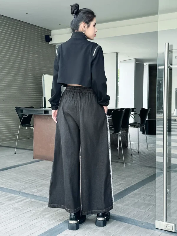 High Waist Black Color-block Burr Denim Casual Wide Leg Jeans New Women Trousers Fashion Tide Spring Autumn 2025 1DH9876 - Image 2