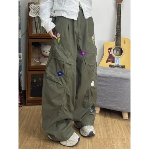 Y2K Flower Embroidered Women Cargo Pants Summer Oversized Loose Pocket Wide-Leg Pants High Waist Streetwear Hip Hop Trousers New