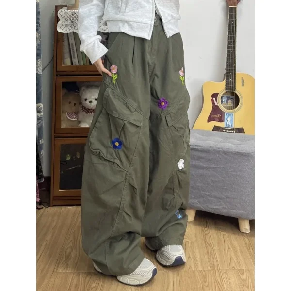 Y2K Flower Embroidered Women Cargo Pants Summer Oversized Loose Pocket Wide-Leg Pants High Waist Streetwear Hip Hop Trousers New