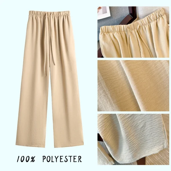 Plus-size women's summer casual commuter loose comfortable pants black pink straight leg pocket drawstring long wide leg pants - Image 5