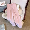 Plus-size women's summer casual commuter loose comfortable pants black pink straight leg pocket drawstring long wide leg pants - Image 2