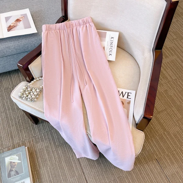 Plus-size women's summer casual commuter loose comfortable pants black pink straight leg pocket drawstring long wide leg pants - Image 2