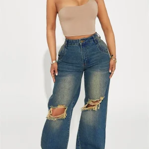 2025 New Women's Vintage Wear Y2K Style European Loose Wide Leg Denim Pants Female Mid Waist Washed Knee Hole Straight Leg Jeans