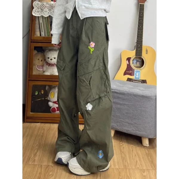 Y2K Flower Embroidered Women Cargo Pants Summer Oversized Loose Pocket Wide-Leg Pants High Waist Streetwear Hip Hop Trousers New - Image 3