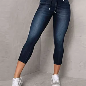Spring Autumn Woman's Pure Color Jeans Vintage Denim Drawstring Pocket Design Skinny Jeans Ankle Length Streetwear Women Pants