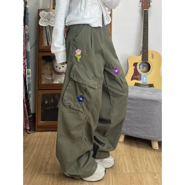 Y2K Flower Embroidered Women Cargo Pants Summer Oversized Loose Pocket Wide-Leg Pants High Waist Streetwear Hip Hop Trousers New - Image 4