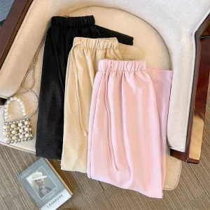 Plus-size women's summer casual commuter loose comfortable pants black pink straight leg pocket drawstring long wide leg pants