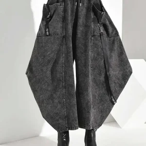 High Elastic Waist Pocket Split Long Denim Wide Leg Trousers New Loose Fit Pants Women Fashion Spring Autumn 2025 1D202