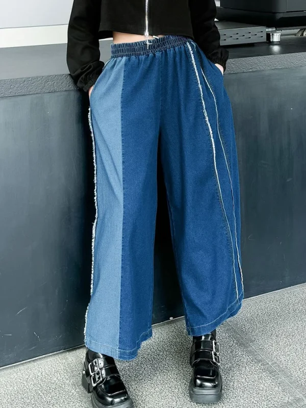 High Waist Black Color-block Burr Denim Casual Wide Leg Jeans New Women Trousers Fashion Tide Spring Autumn 2025 1DH9876 - Image 4