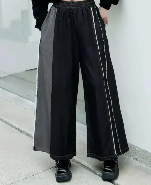 High Waist Black Color-block Burr Denim Casual Wide Leg Jeans New Women Trousers Fashion Tide Spring Autumn 2025 1DH9876