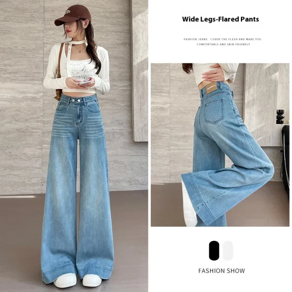 Spring and Autumn New Women's Soft Jeans Girls Small High-Waisted Wide-Leg Pants Large Flared Pants Casual Pants Drag Pants - Image 2