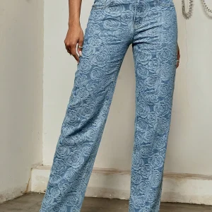 Y2K Street Vintage Slant Pocket Colorful Floral Print Wide Leg Jeans Daily Comfort Denim Pants