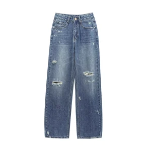 European and American style new fashion all-match high waist ripped straight jeans