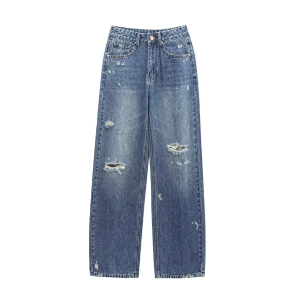 European and American style new fashion all-match high waist ripped straight jeans