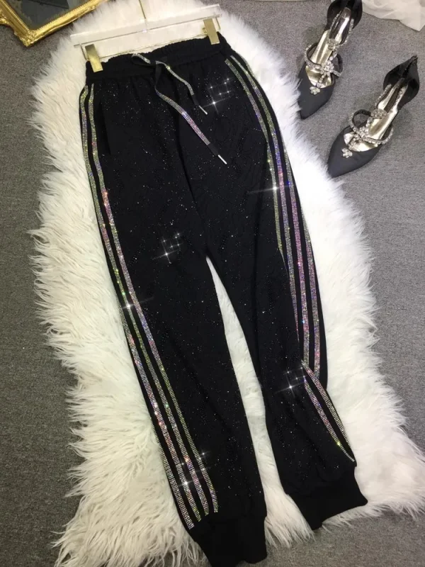 Oversized four-bar rhinestone diamond fall and winter sweatpants Slimming ankle tracksuit pants for women