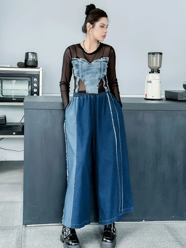 High Waist Black Color-block Burr Denim Casual Wide Leg Jeans New Women Trousers Fashion Tide Spring Autumn 2025 1DH9876 - Image 5