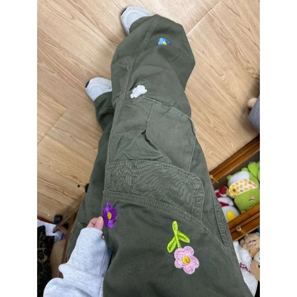 Y2K Flower Embroidered Women Cargo Pants Summer Oversized Loose Pocket Wide-Leg Pants High Waist Streetwear Hip Hop Trousers New - Image 5